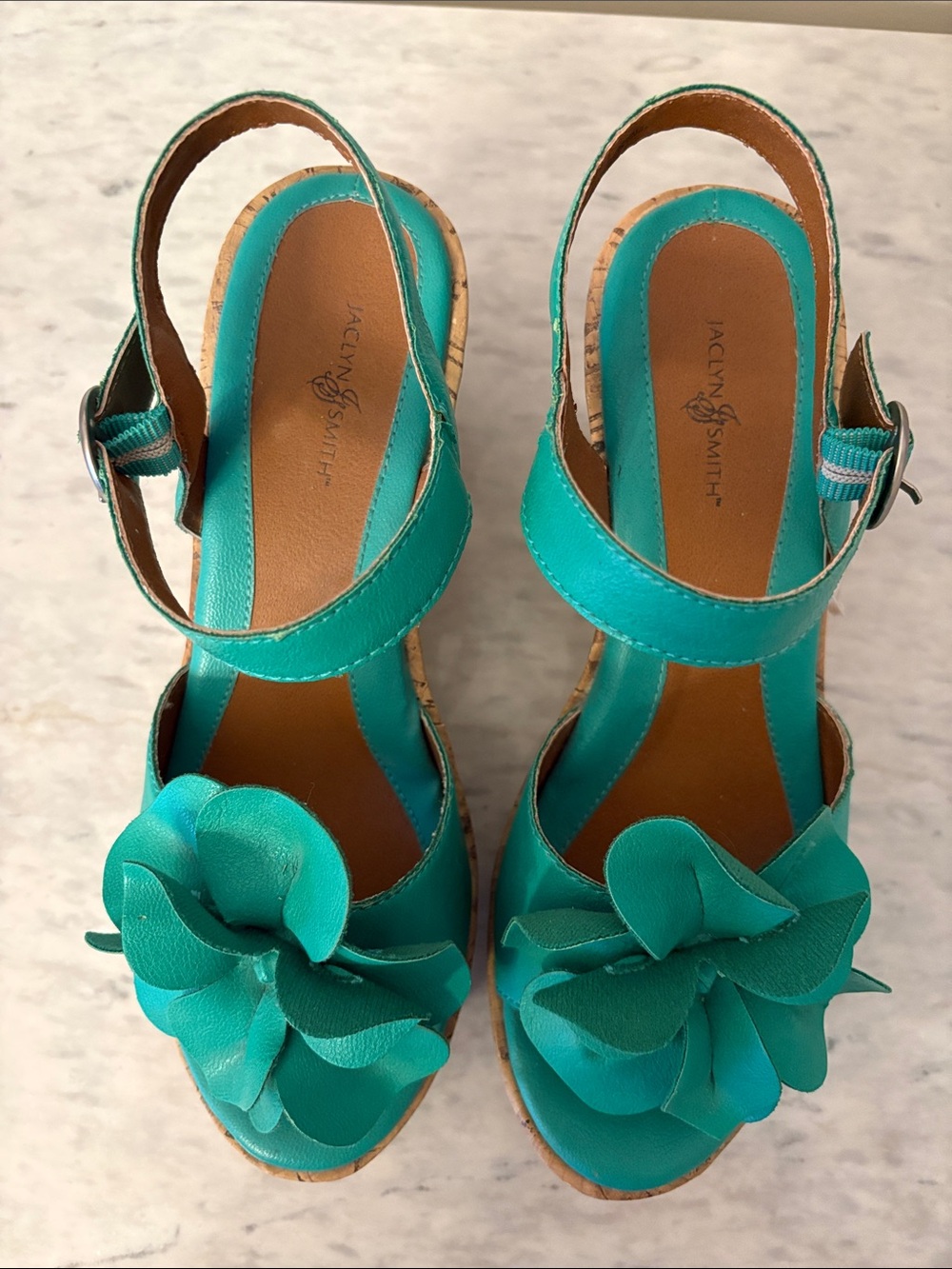 Jaclyn Smith Teal Floral Cork Wedge Sandals size 7 NNT - Picture 3 of 9